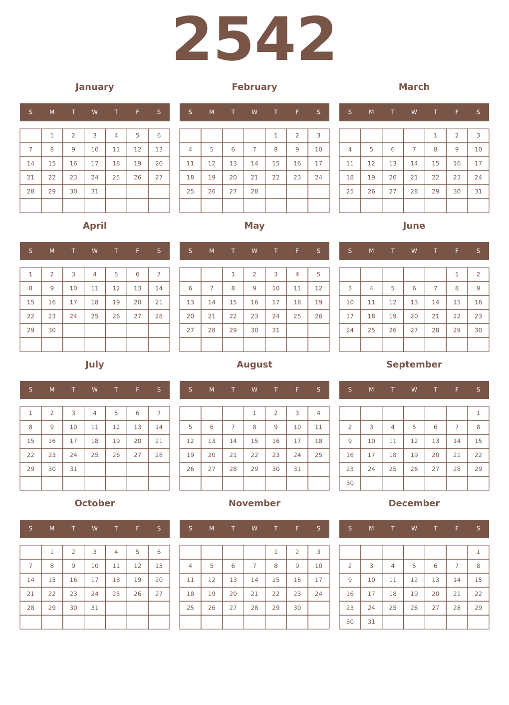 Printable 2542 Year Calendars coffe