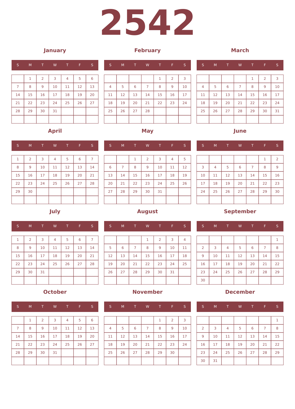 Printable 2542 Year Calendars cordovan