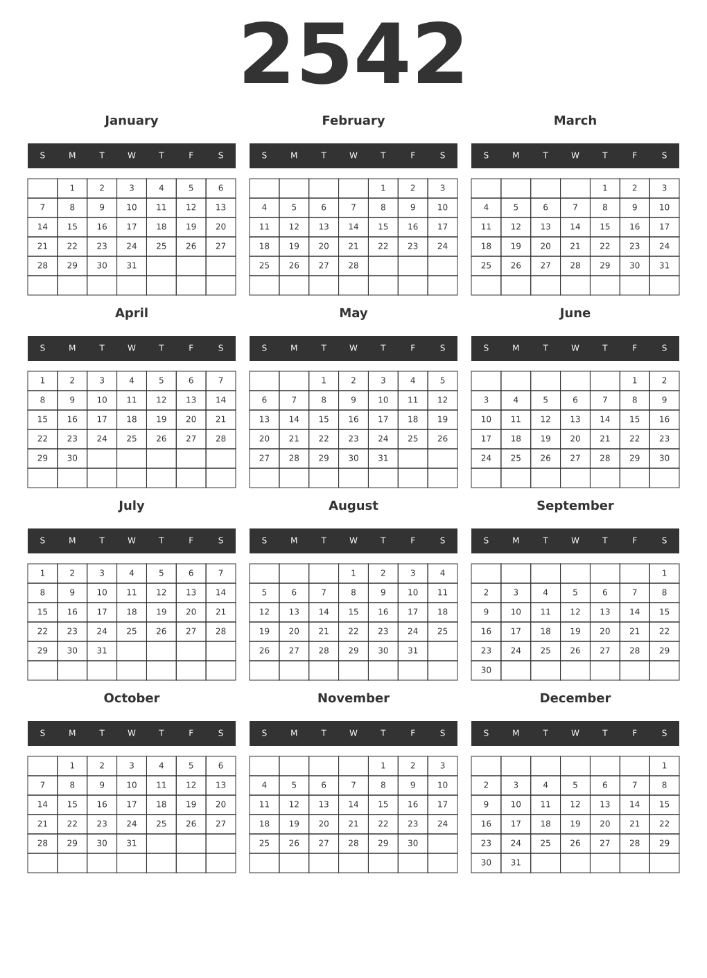 Printable 2542 Year Calendars dark