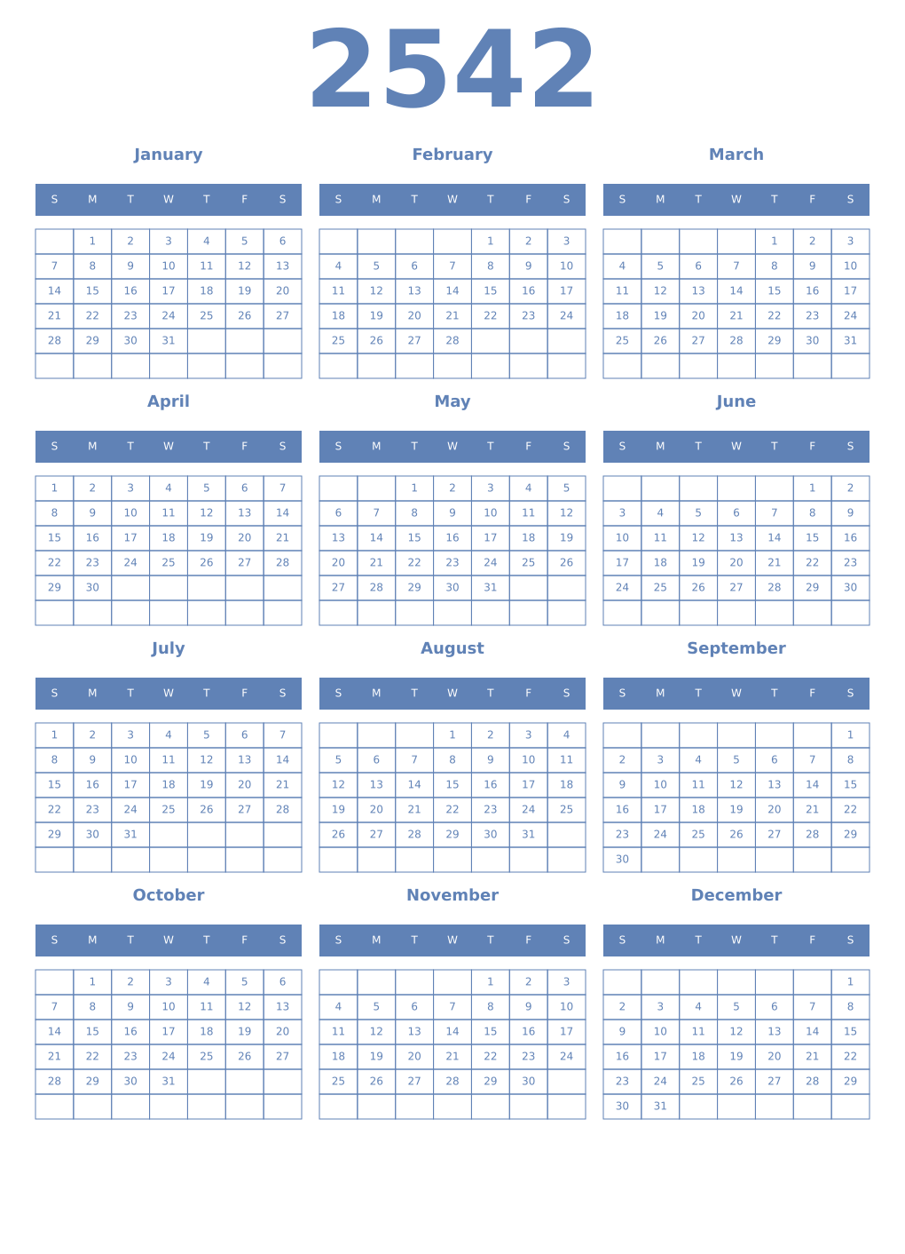 Printable 2542 Year Calendars glaucous