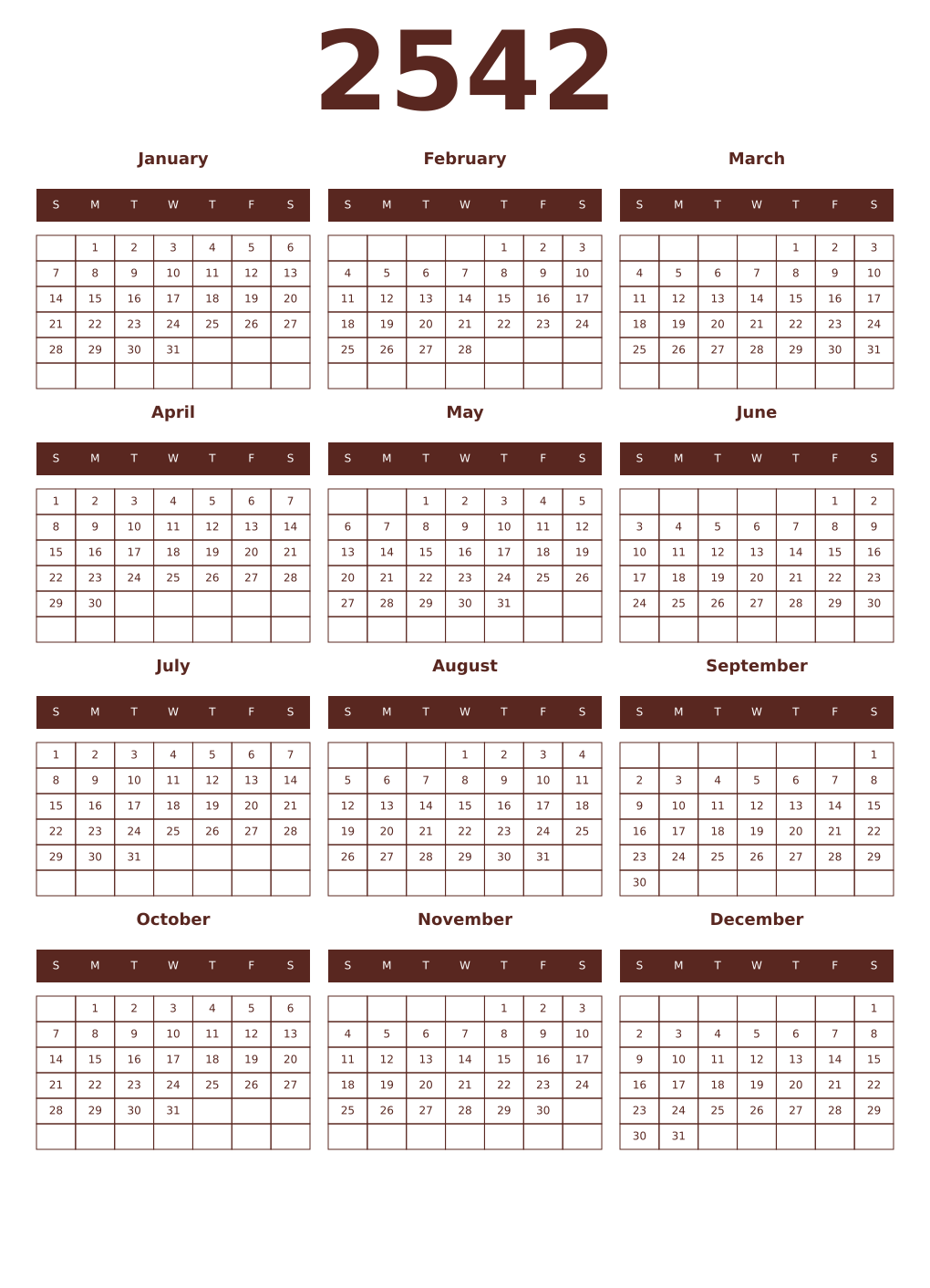 Printable 2542 Year Calendars mortuum