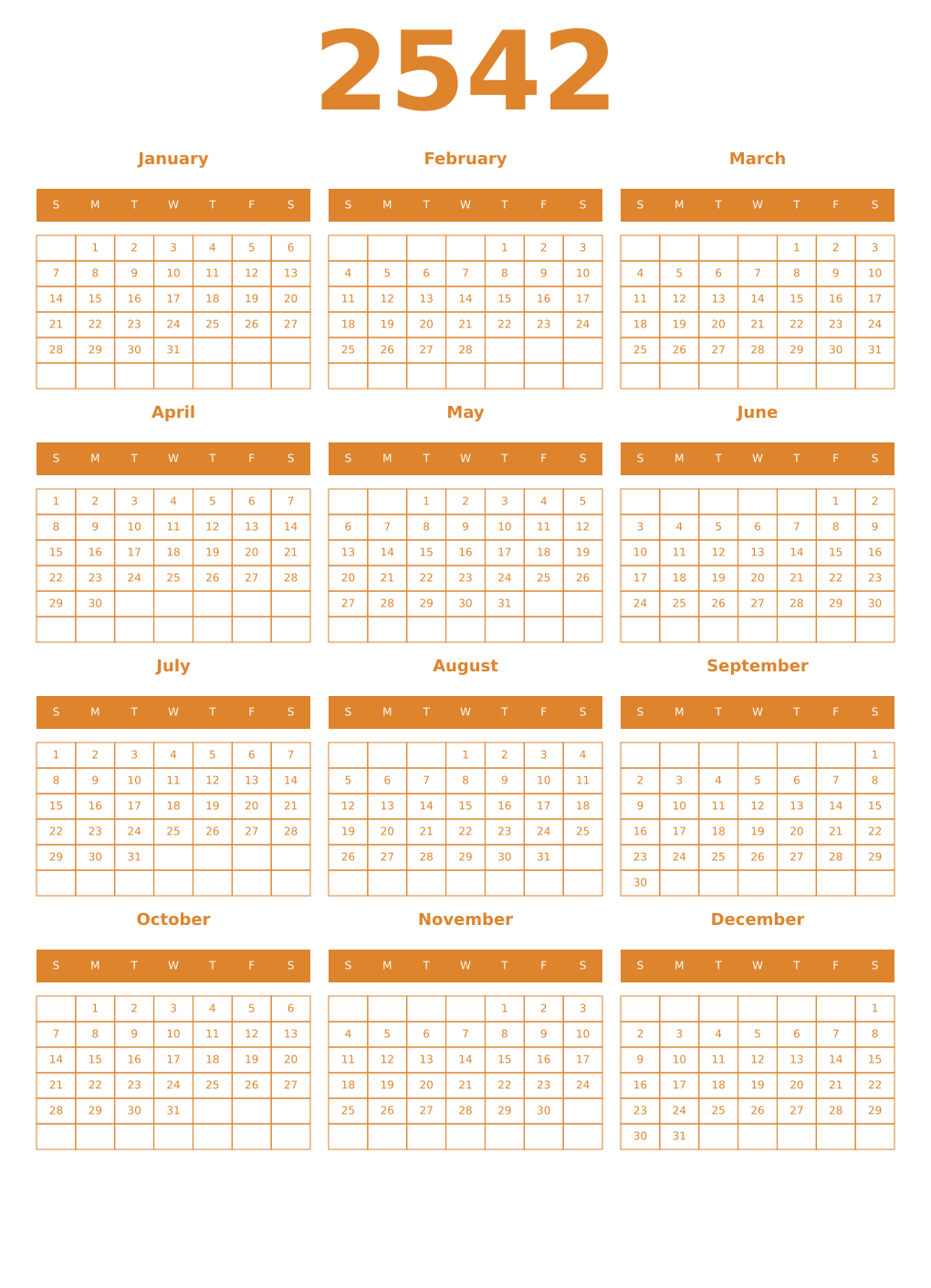 Printable 2542 Year Calendars orange