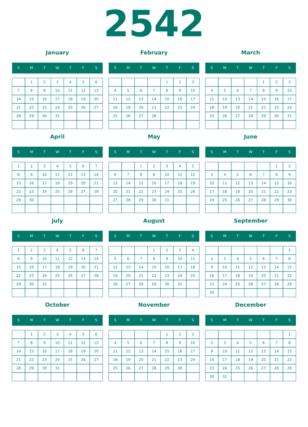Printable 2542 Year Calendars pastel