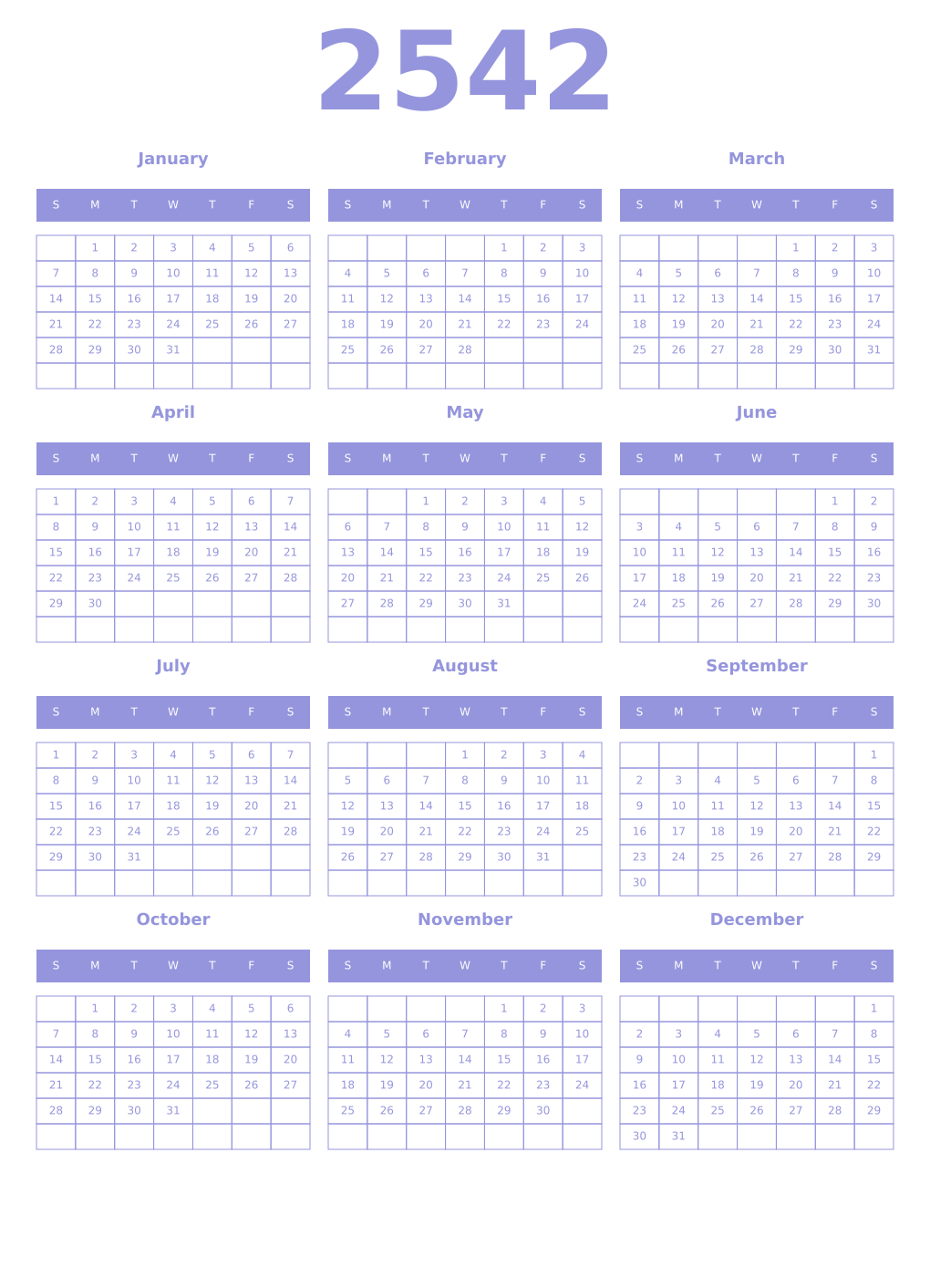 Printable 2542 Year Calendars periwinkle