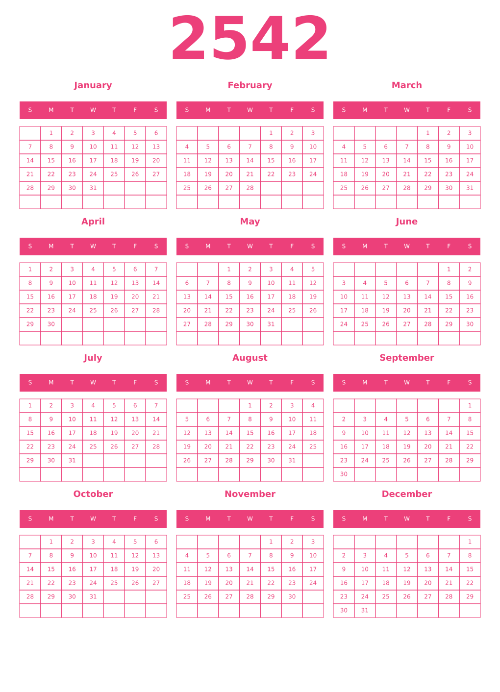 Printable 2542 Year Calendars pink