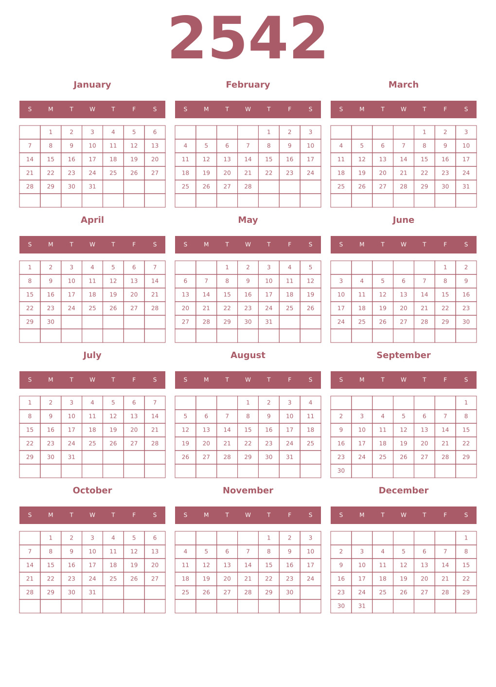 Printable 2542 Year Calendars puce