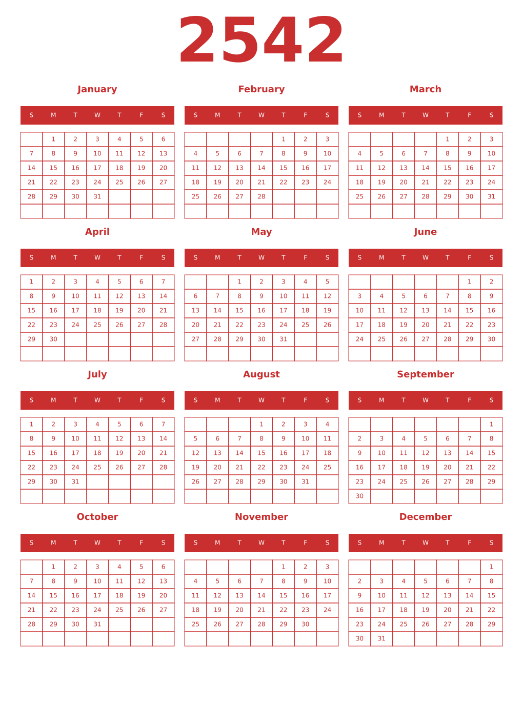 Printable 2542 Year Calendars red