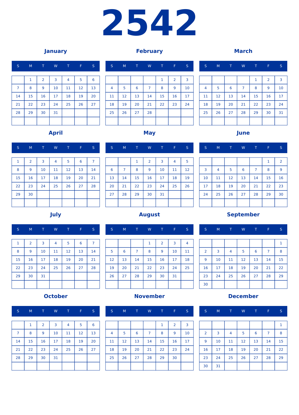 Printable 2542 Year Calendars smalt