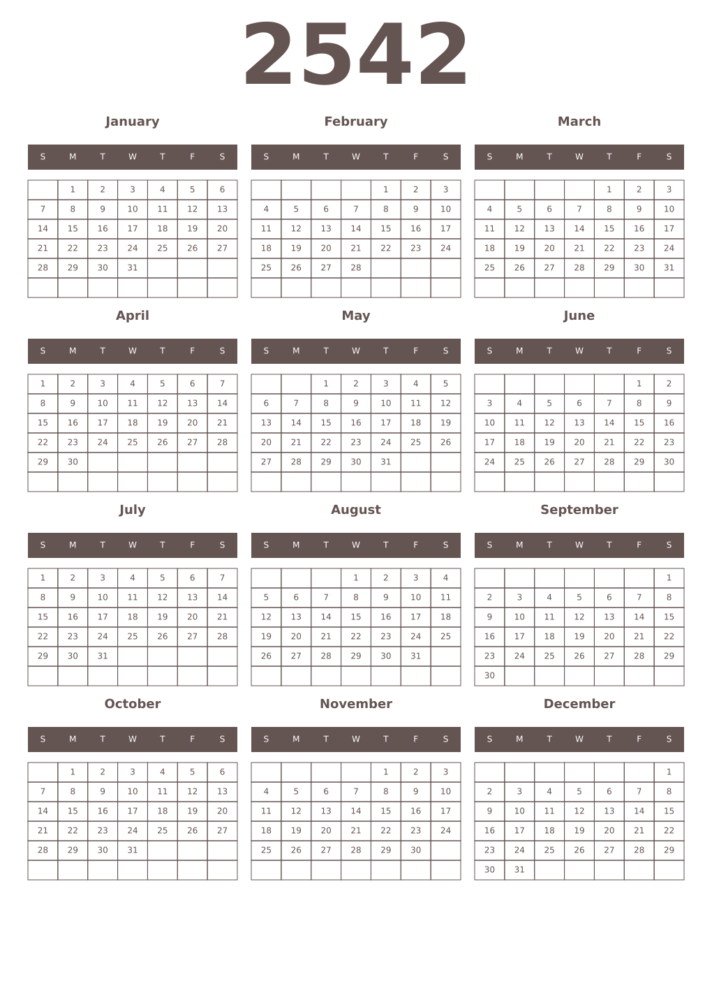Printable 2542 Year Calendars wenge