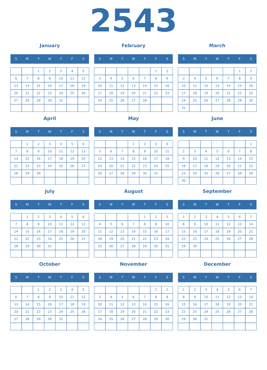 Printable 2543 Year Calendars blue