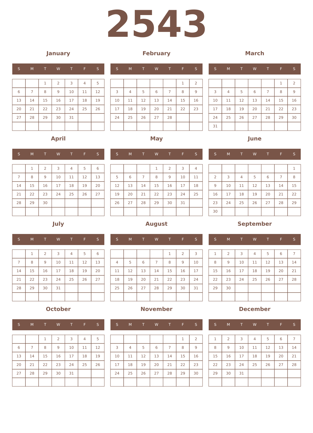 Printable 2543 Year Calendars coffe