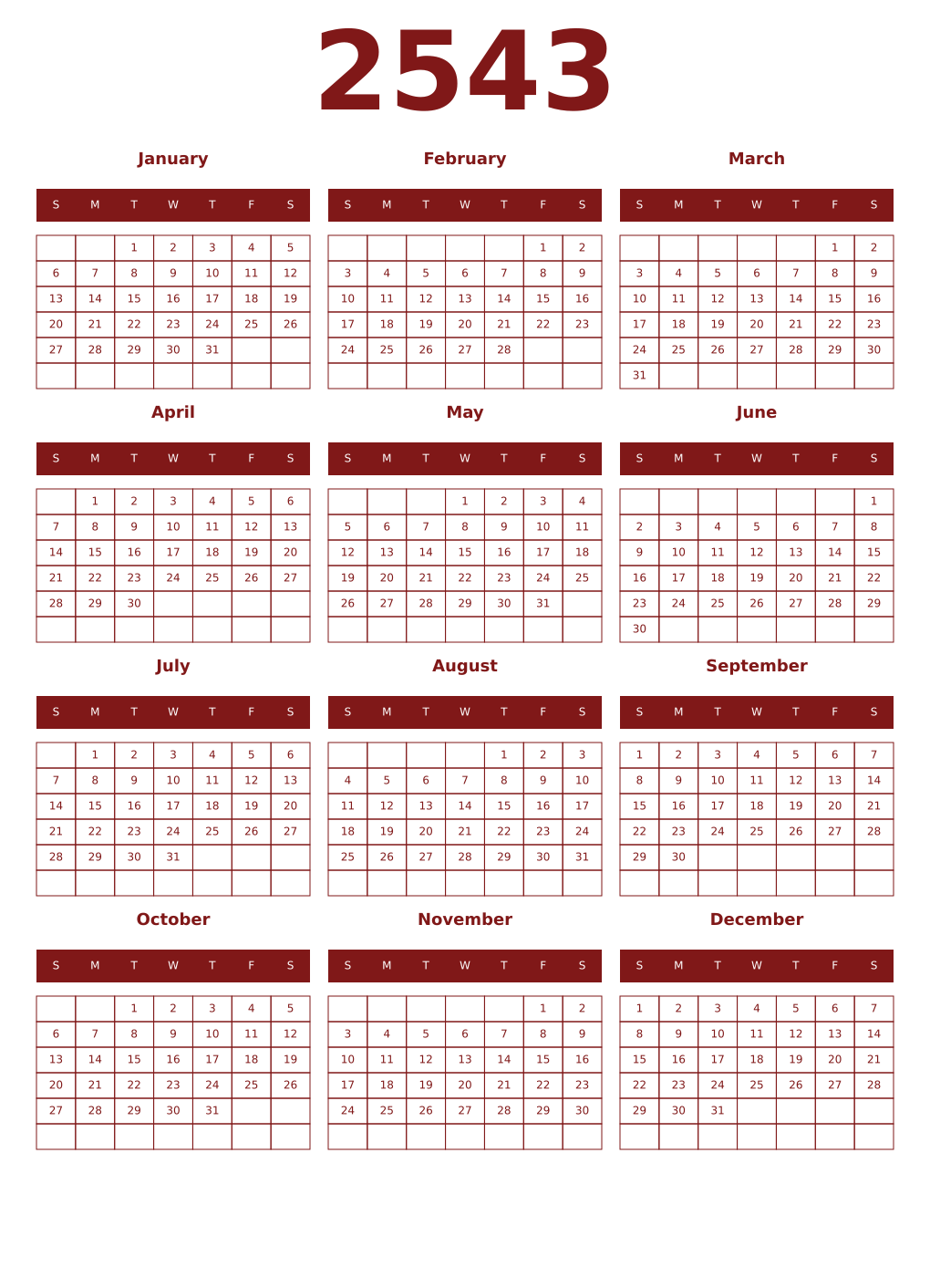 Printable 2543 Year Calendars falu