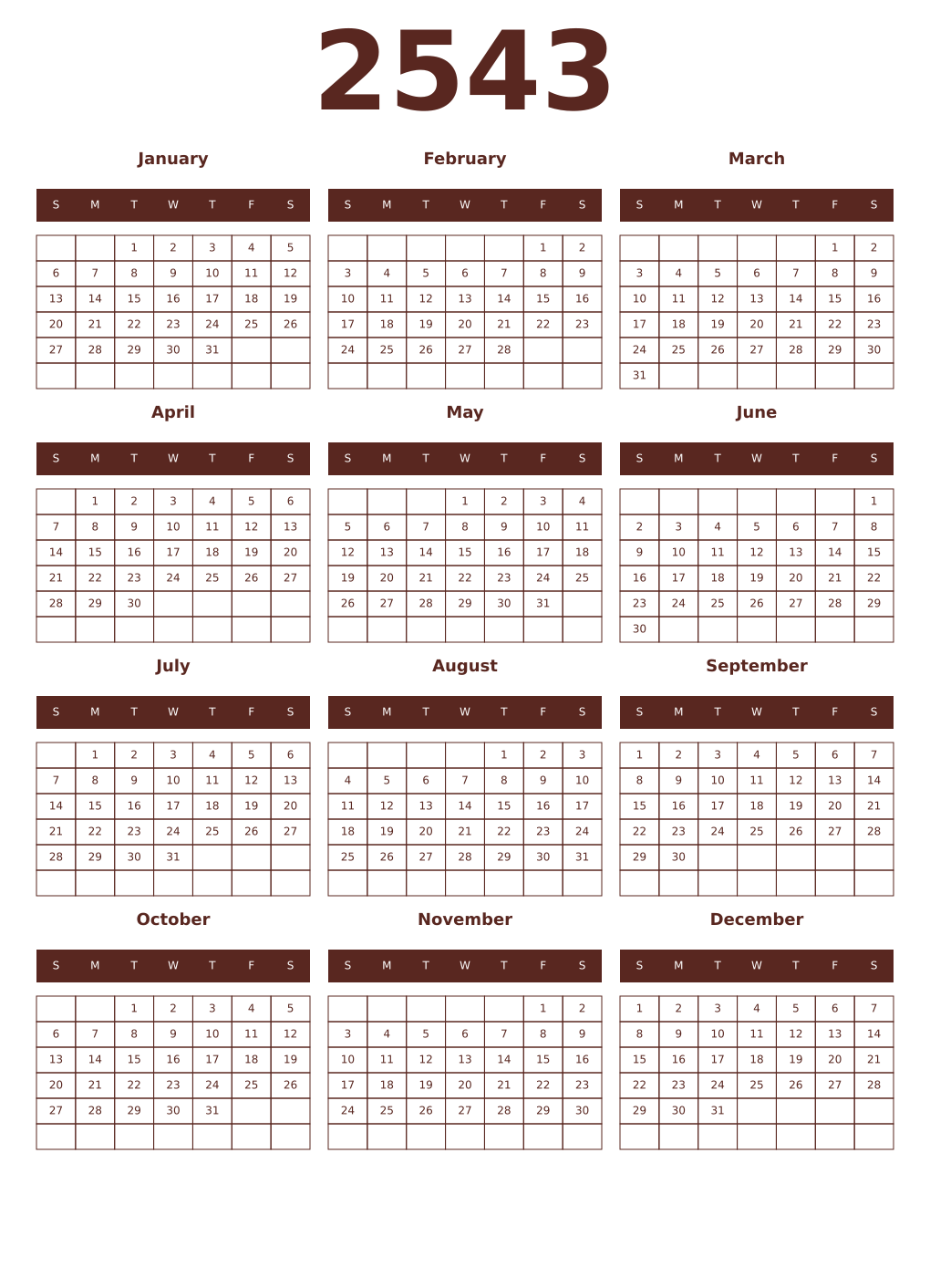 Printable 2543 Year Calendars mortuum