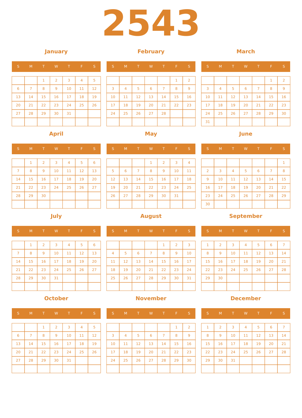 Printable 2543 Year Calendars orange