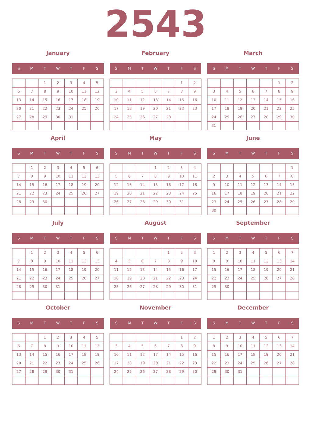 Printable 2543 Year Calendars puce