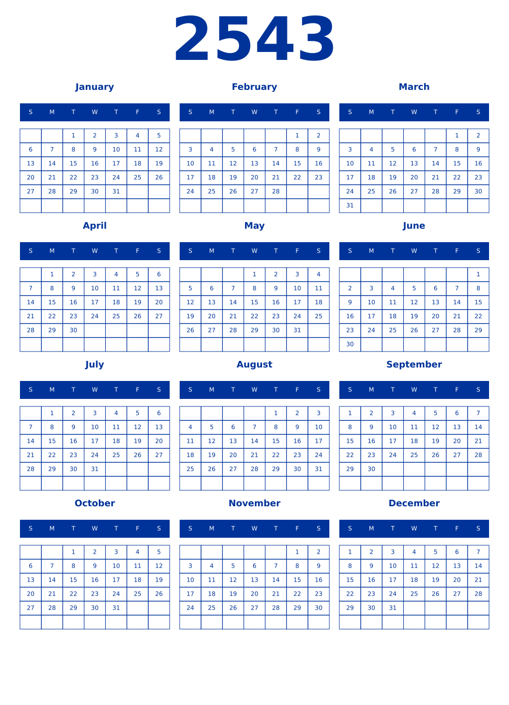 Printable 2543 Year Calendars smalt