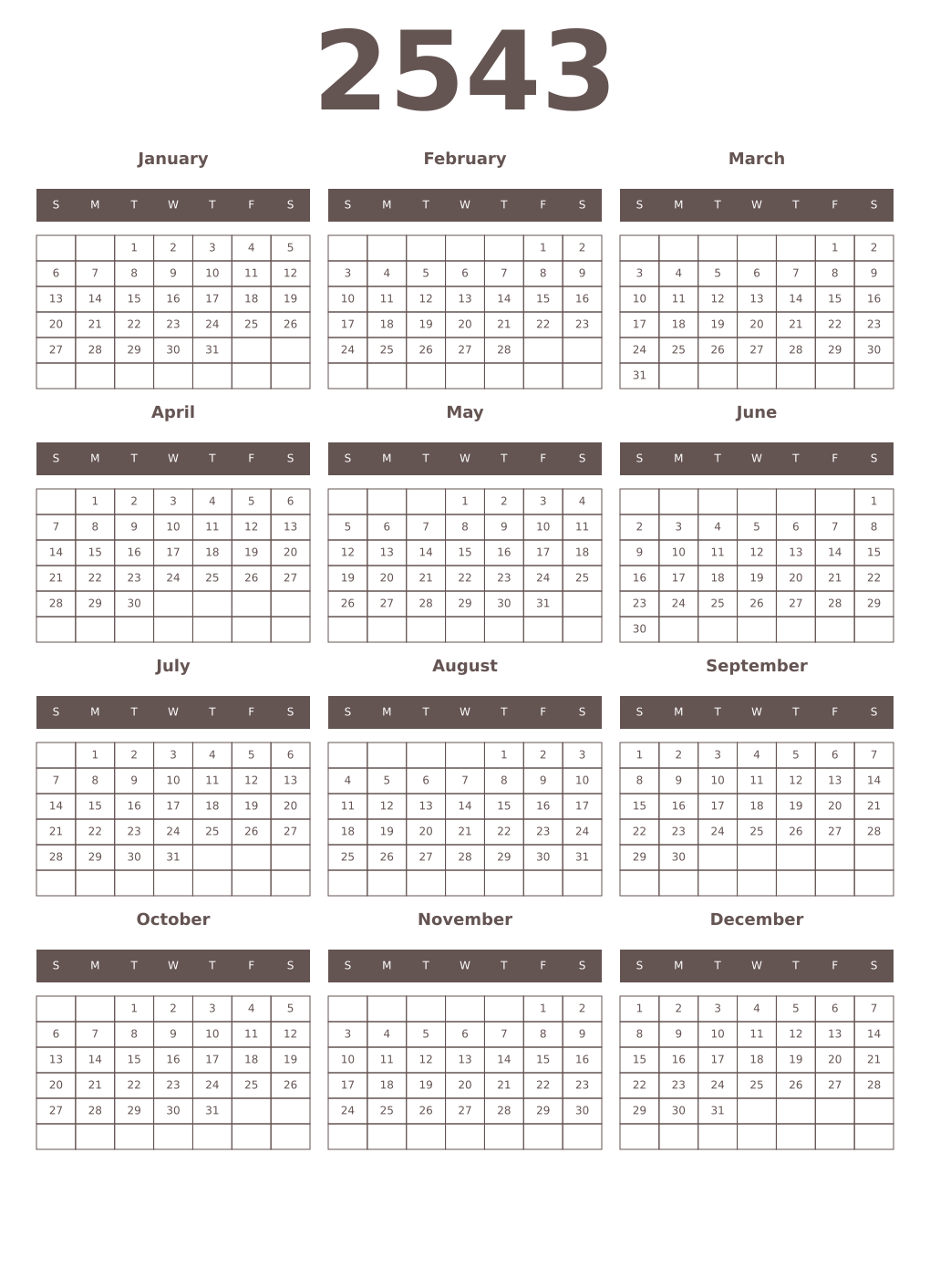 Printable 2543 Year Calendars wenge