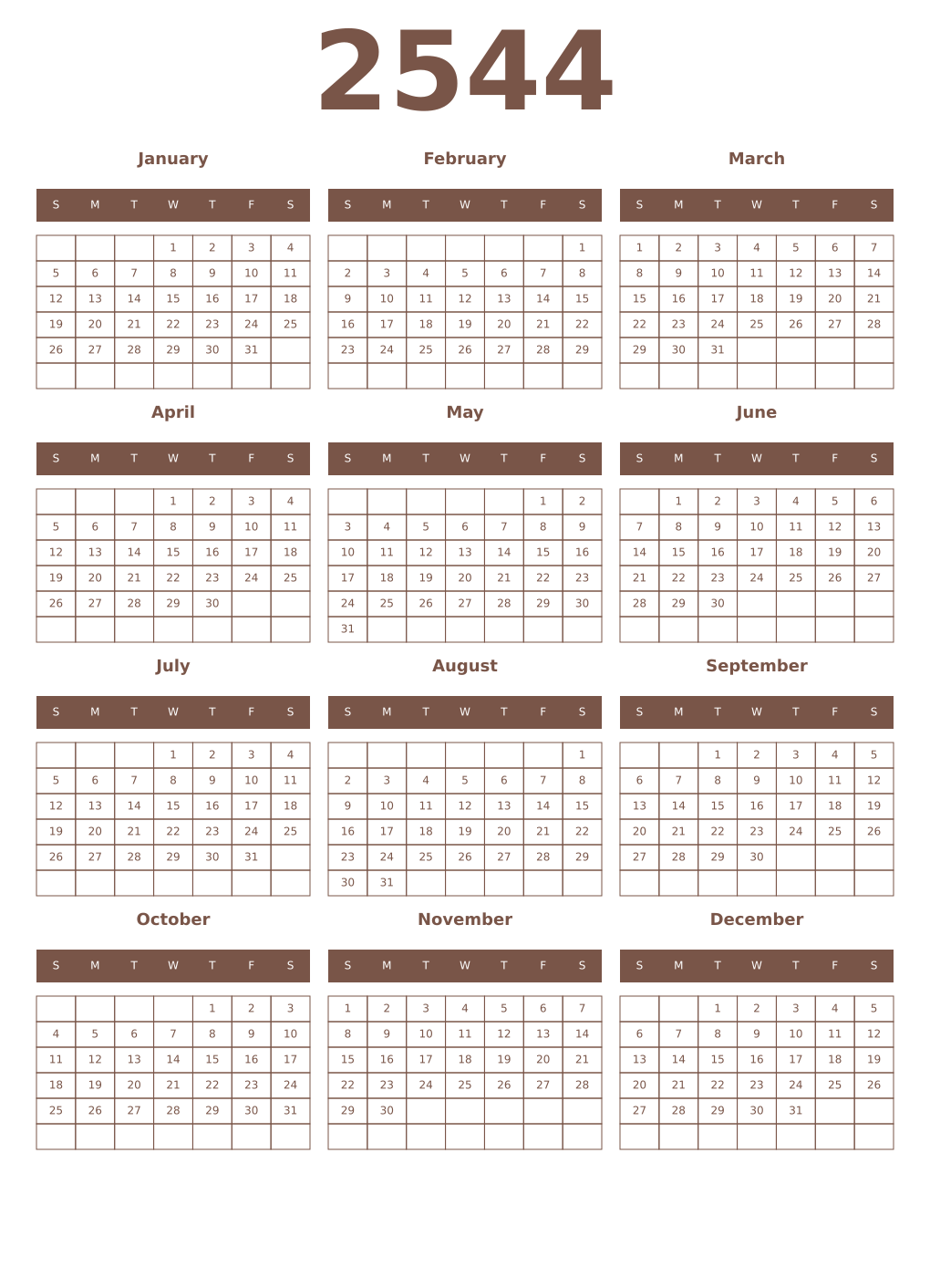Printable 2544 Year Calendars coffe