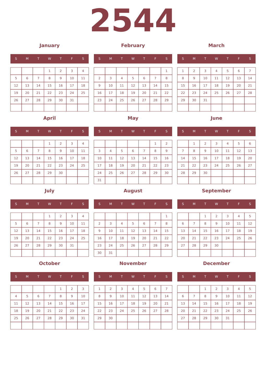 Printable 2544 Year Calendars cordovan