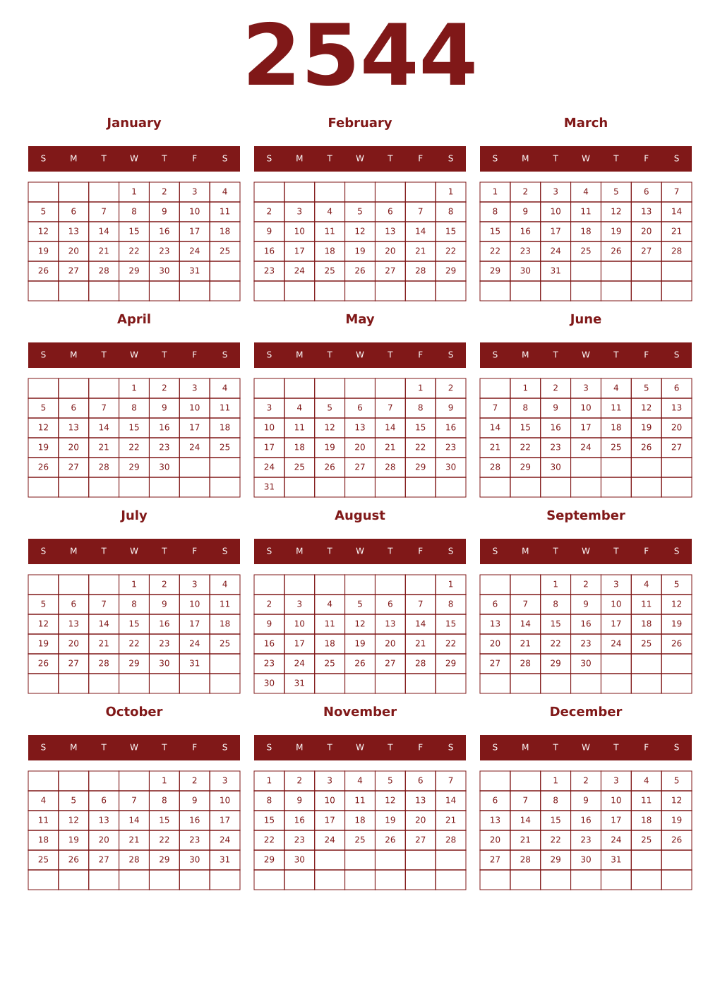 Printable 2544 Year Calendars falu