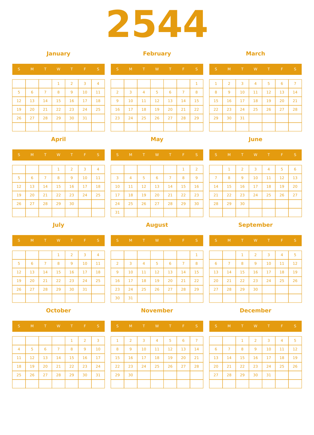 Printable 2544 Year Calendars gamboge