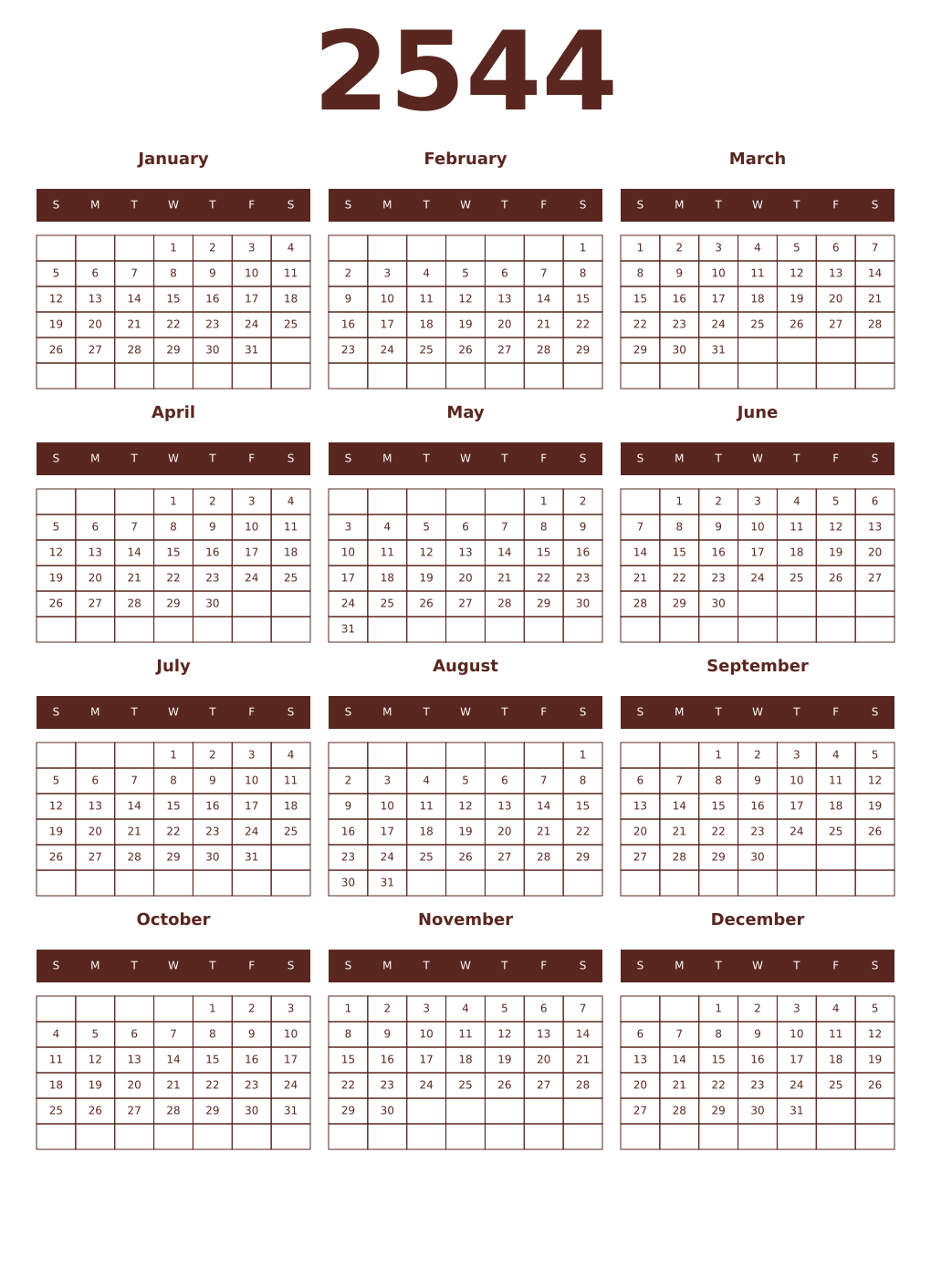 Printable 2544 Year Calendars mortuum