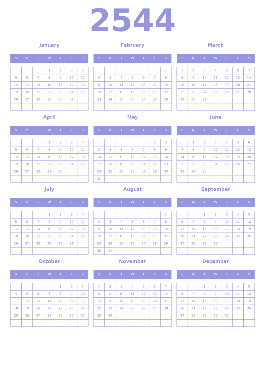 Printable 2544 Year Calendars periwinkle