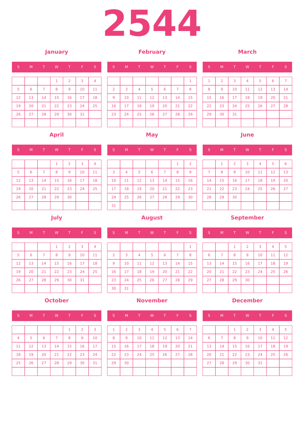 Printable 2544 Year Calendars pink