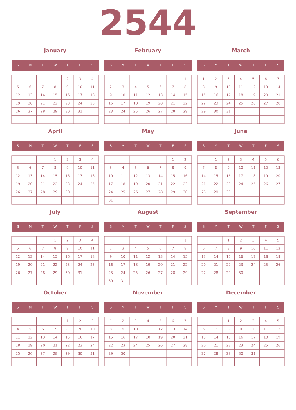 Printable 2544 Year Calendars puce
