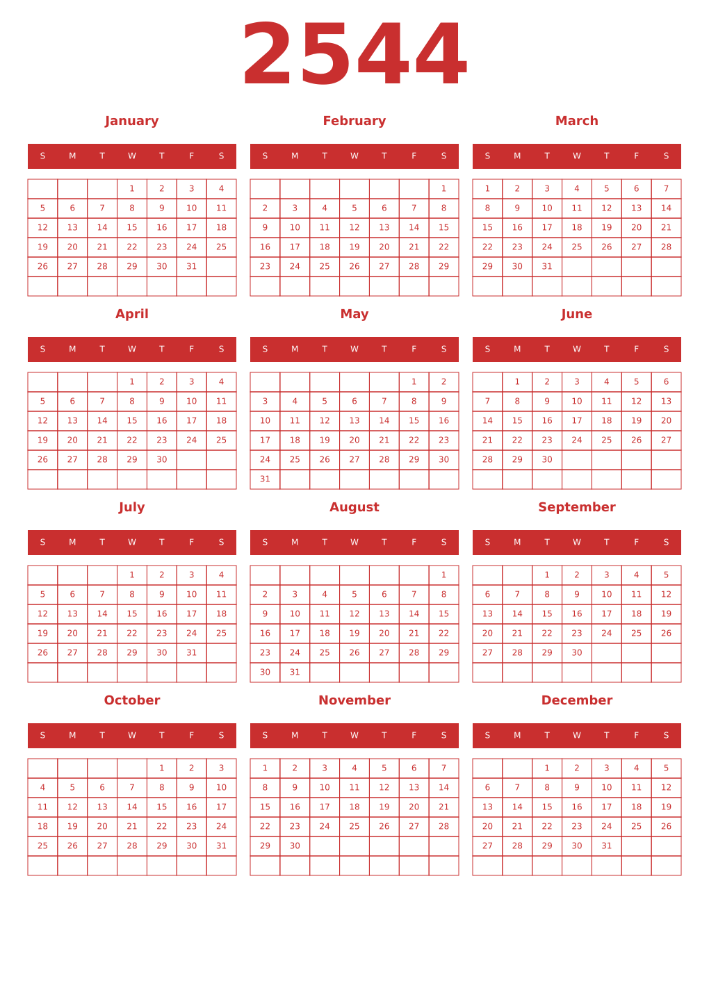 Printable 2544 Year Calendars red
