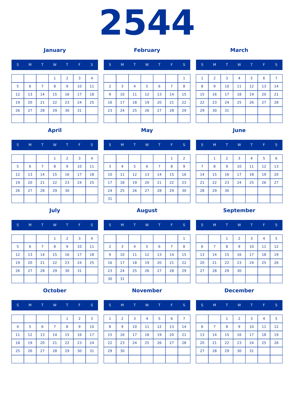 Printable 2544 Year Calendars smalt