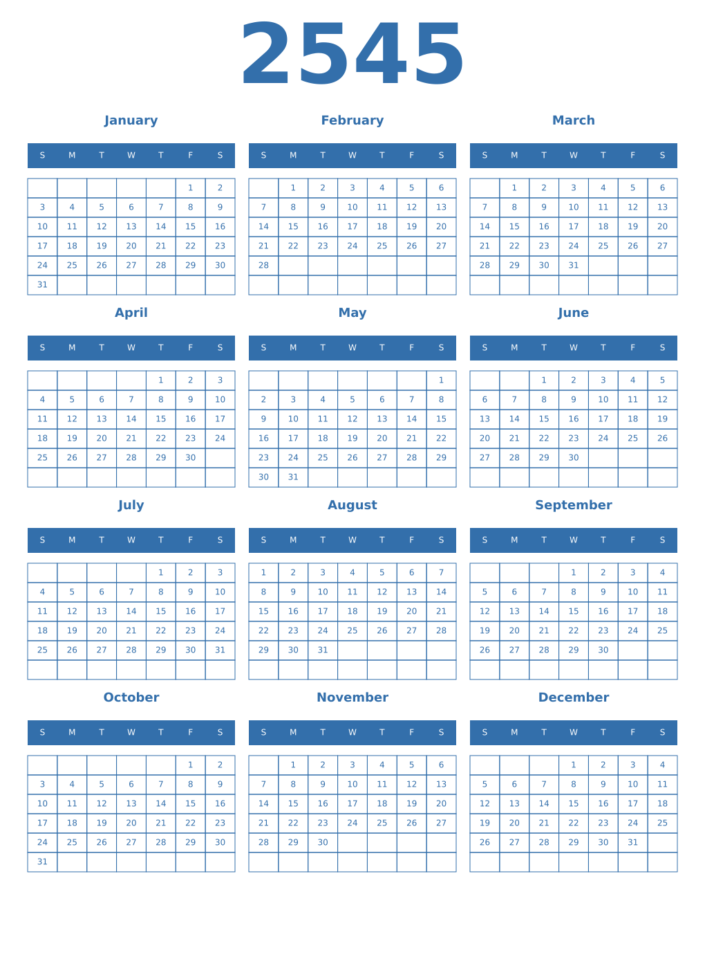 Printable 2545 Year Calendars blue