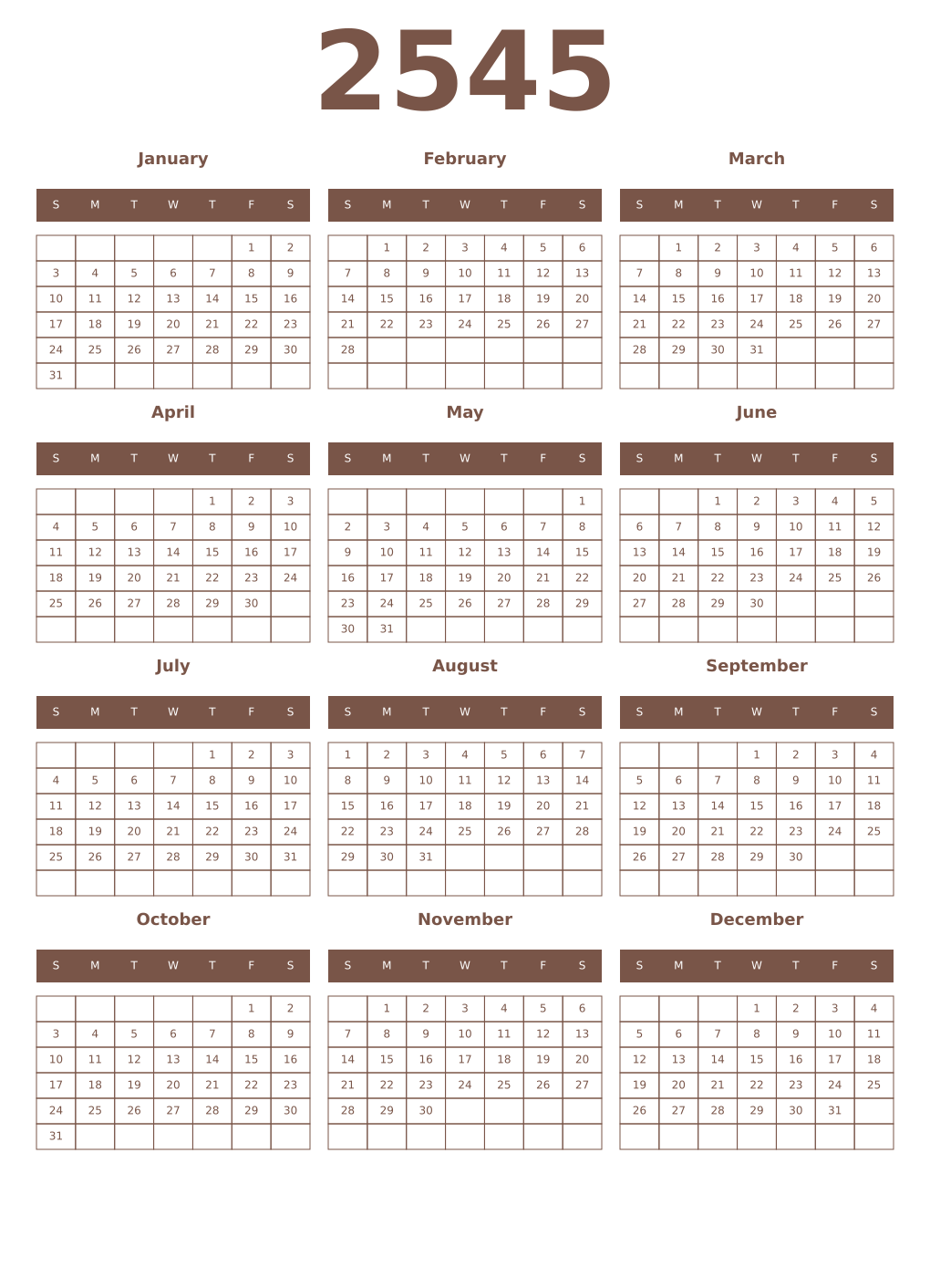 Printable 2545 Year Calendars coffe
