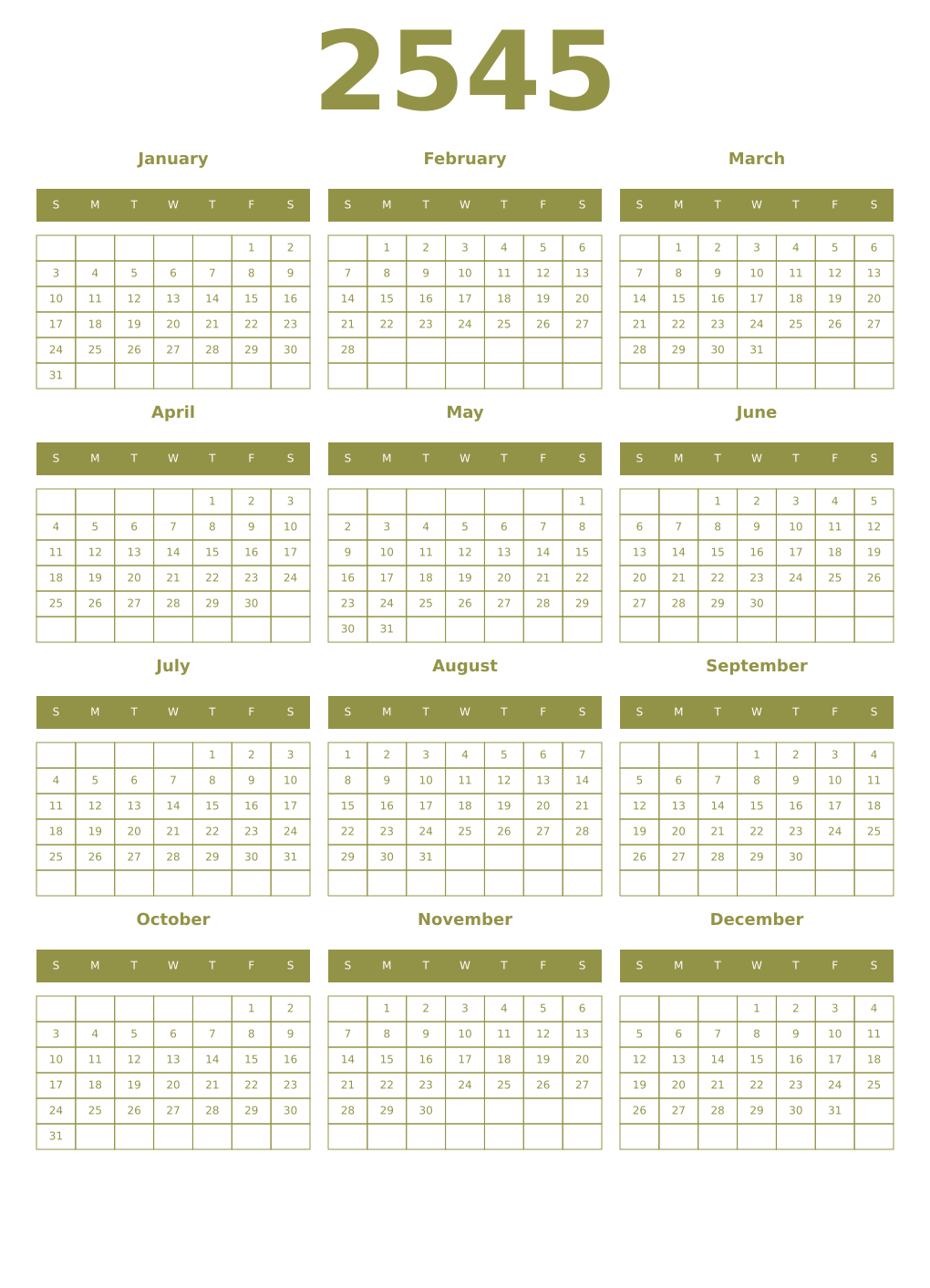 Printable 2545 Year Calendars eburnean