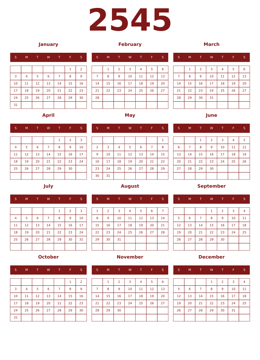 Printable 2545 Year Calendars falu