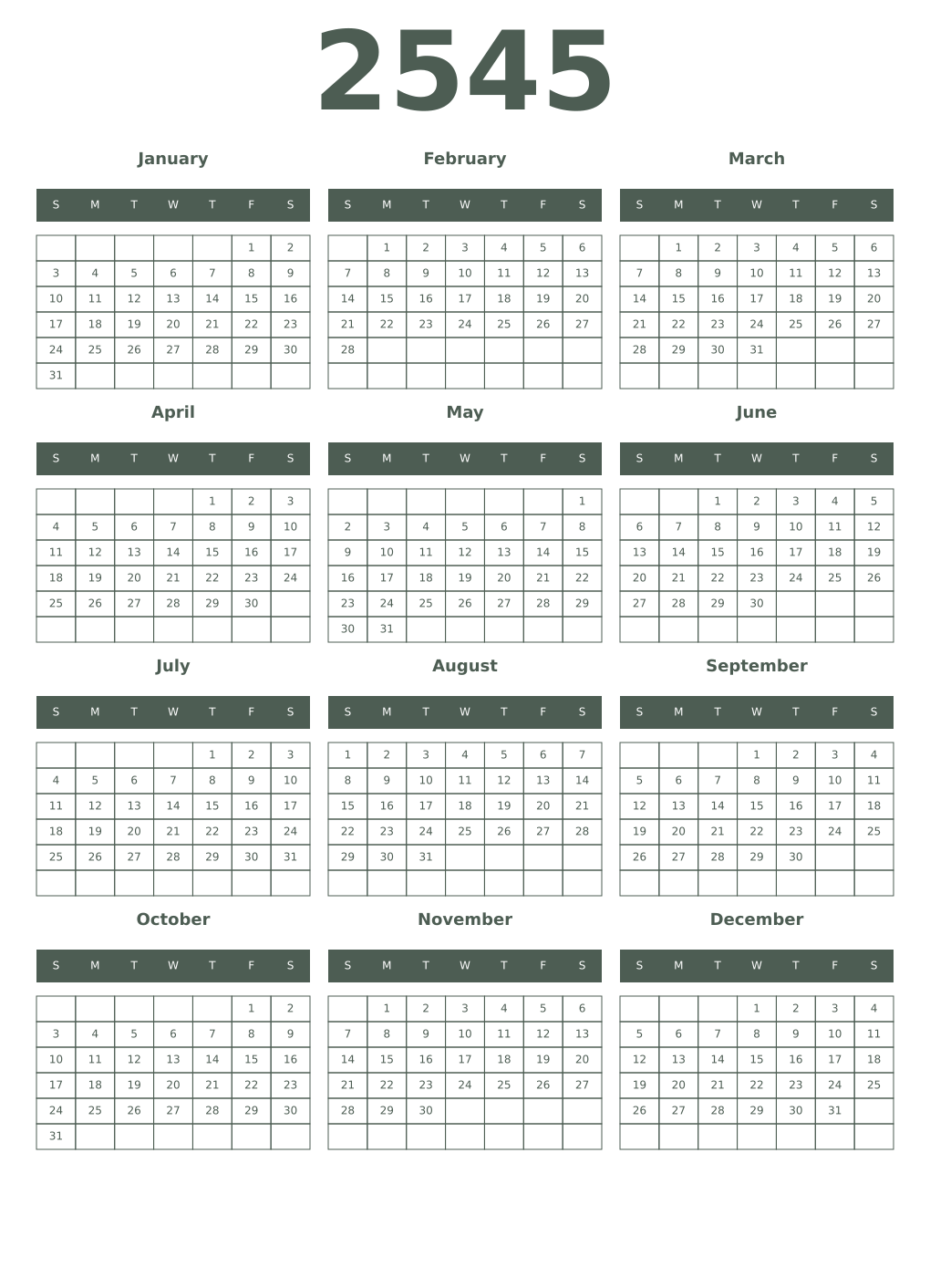 Printable 2545 Year Calendars feldgrau