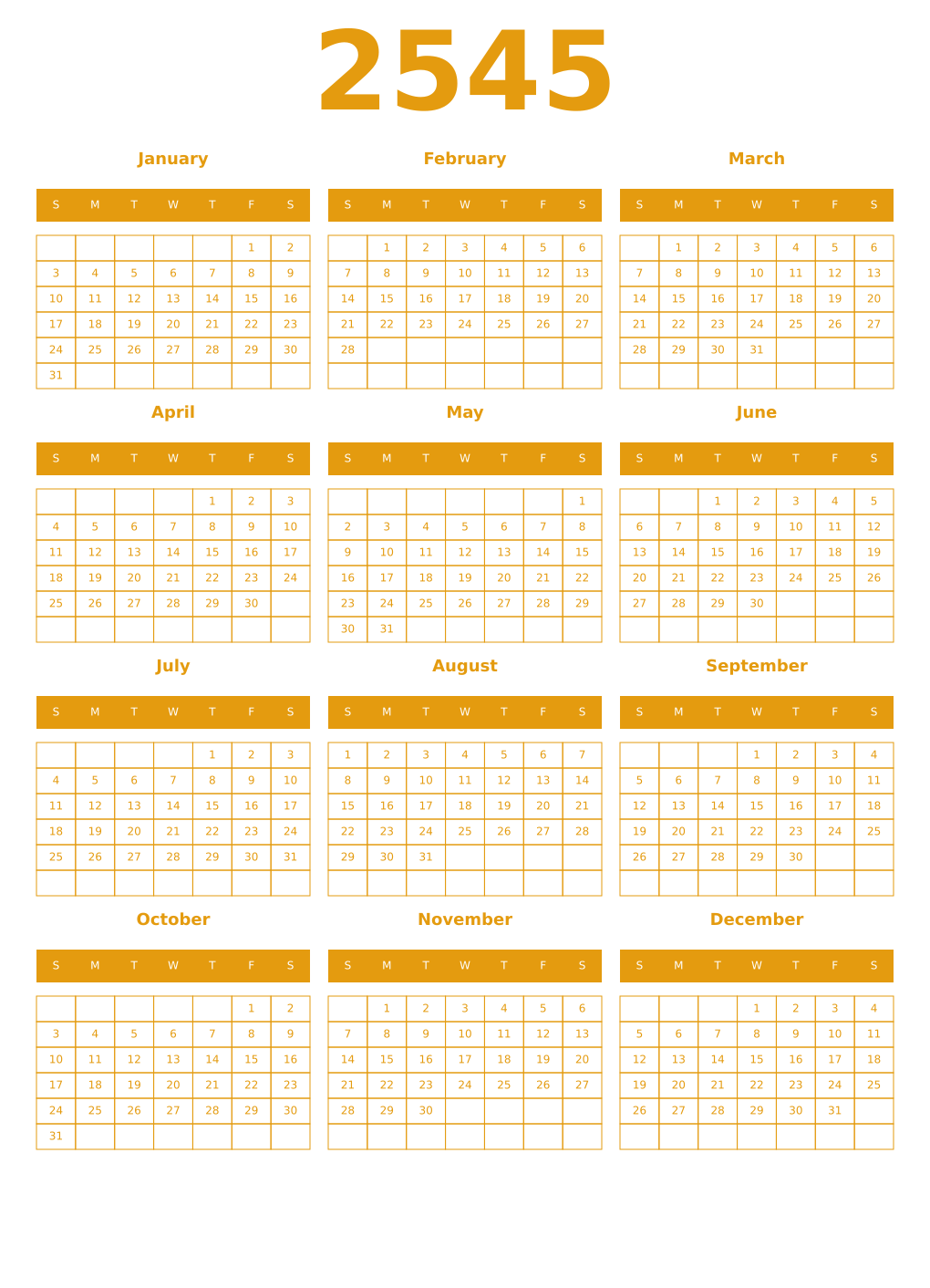 Printable 2545 Year Calendars gamboge