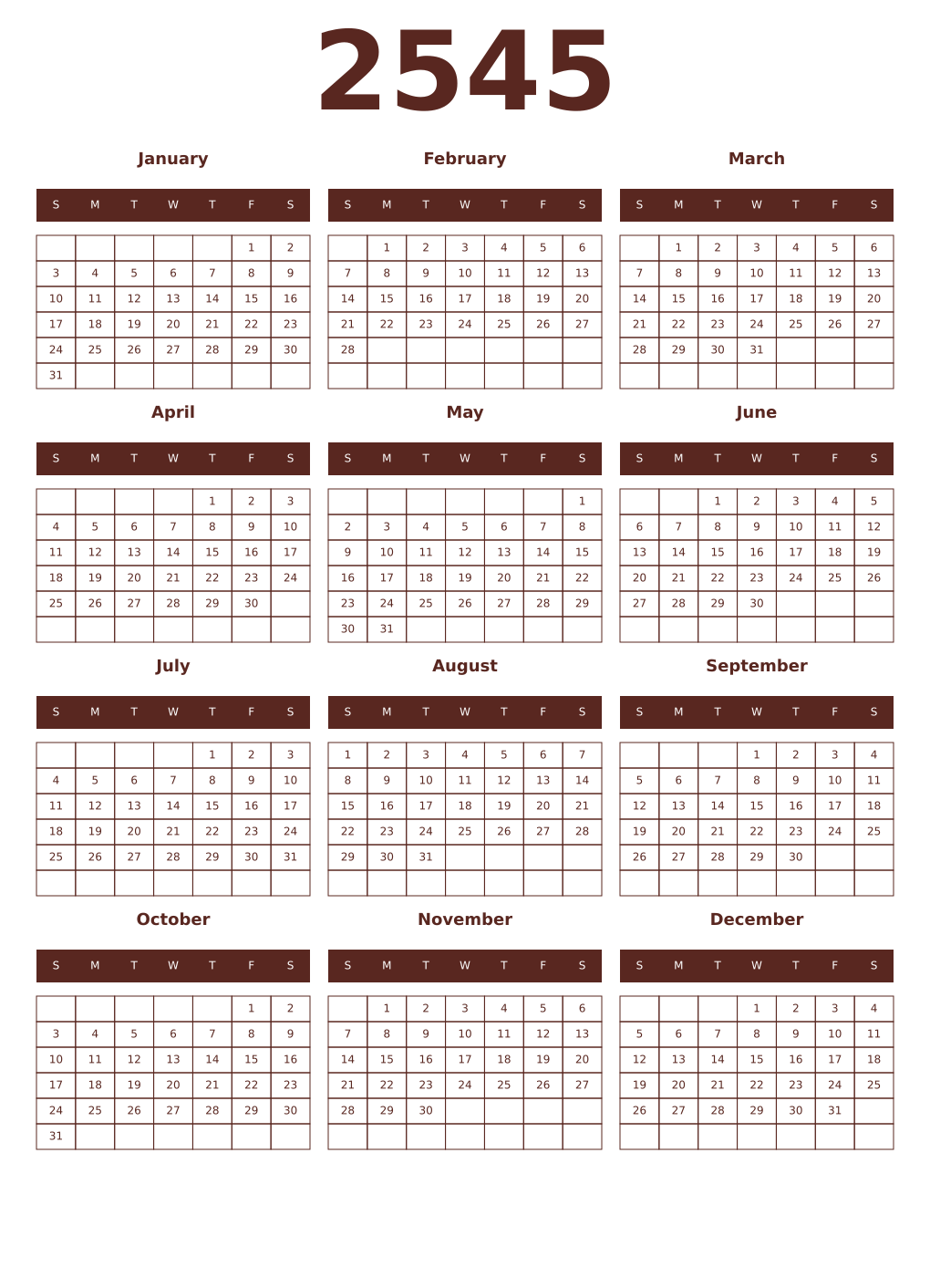 Printable 2545 Year Calendars mortuum