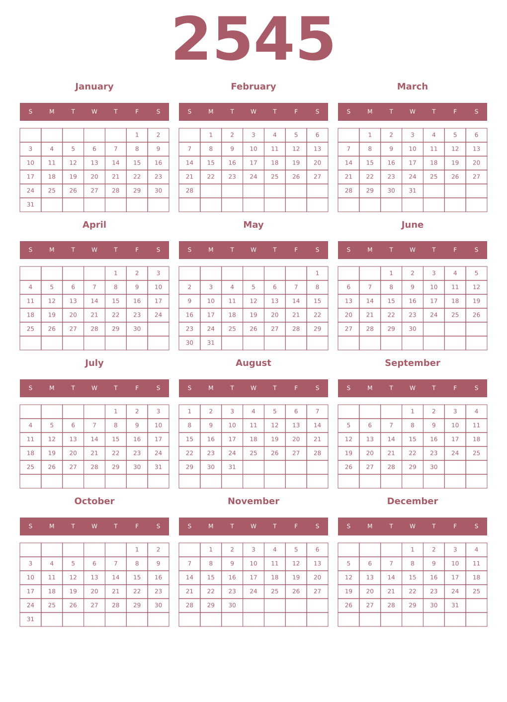 Printable 2545 Year Calendars puce