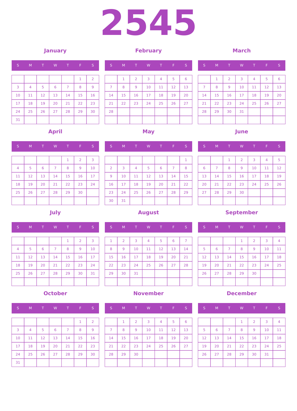 Printable 2545 Year Calendars purple