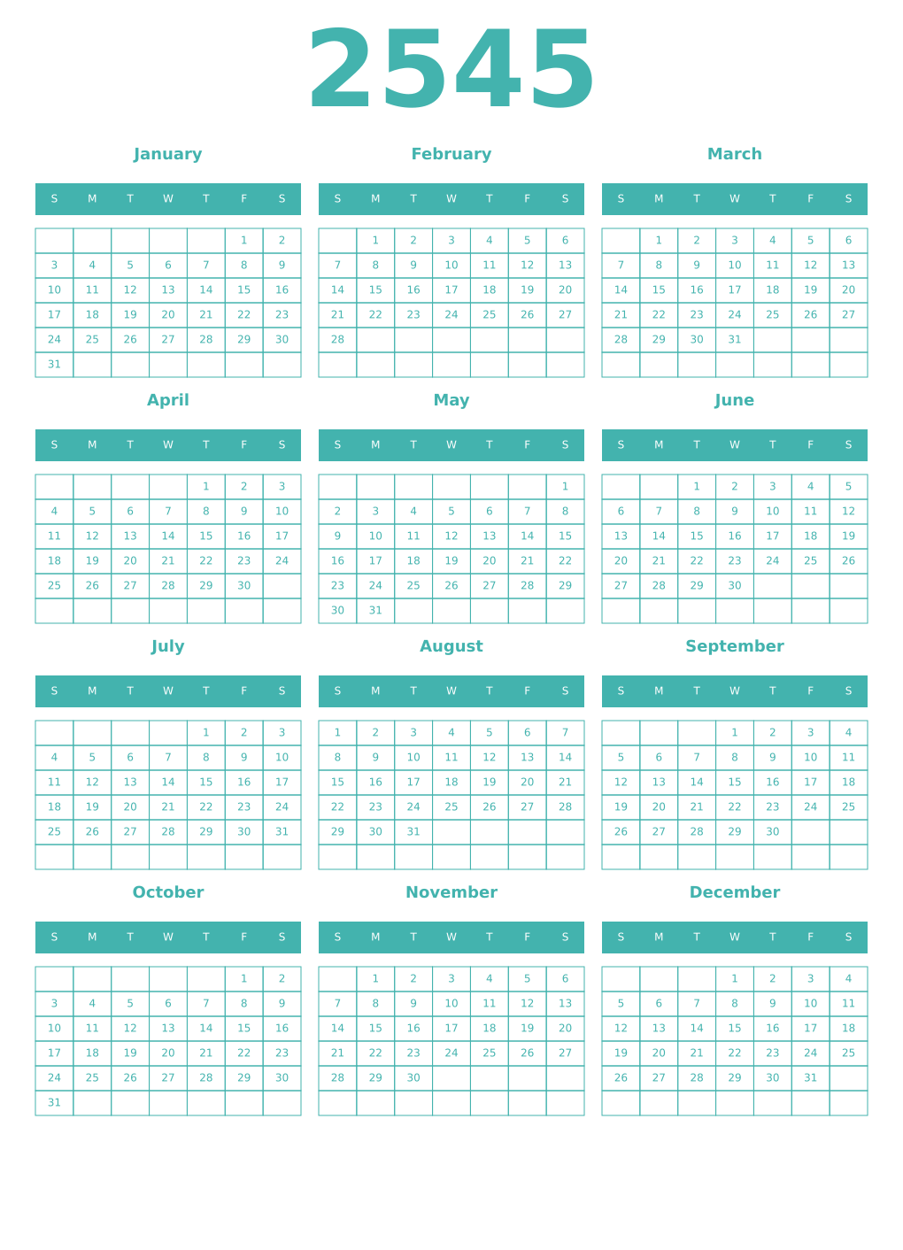Printable 2545 Year Calendars verdigris