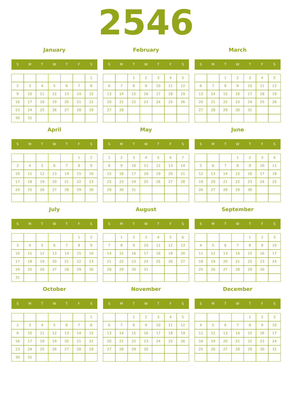 Printable 2546 Year Calendars chartreuse