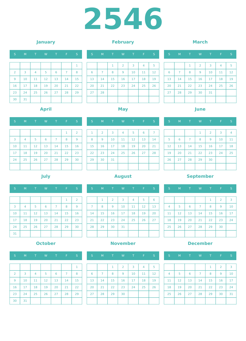Printable 2546 Year Calendars verdigris