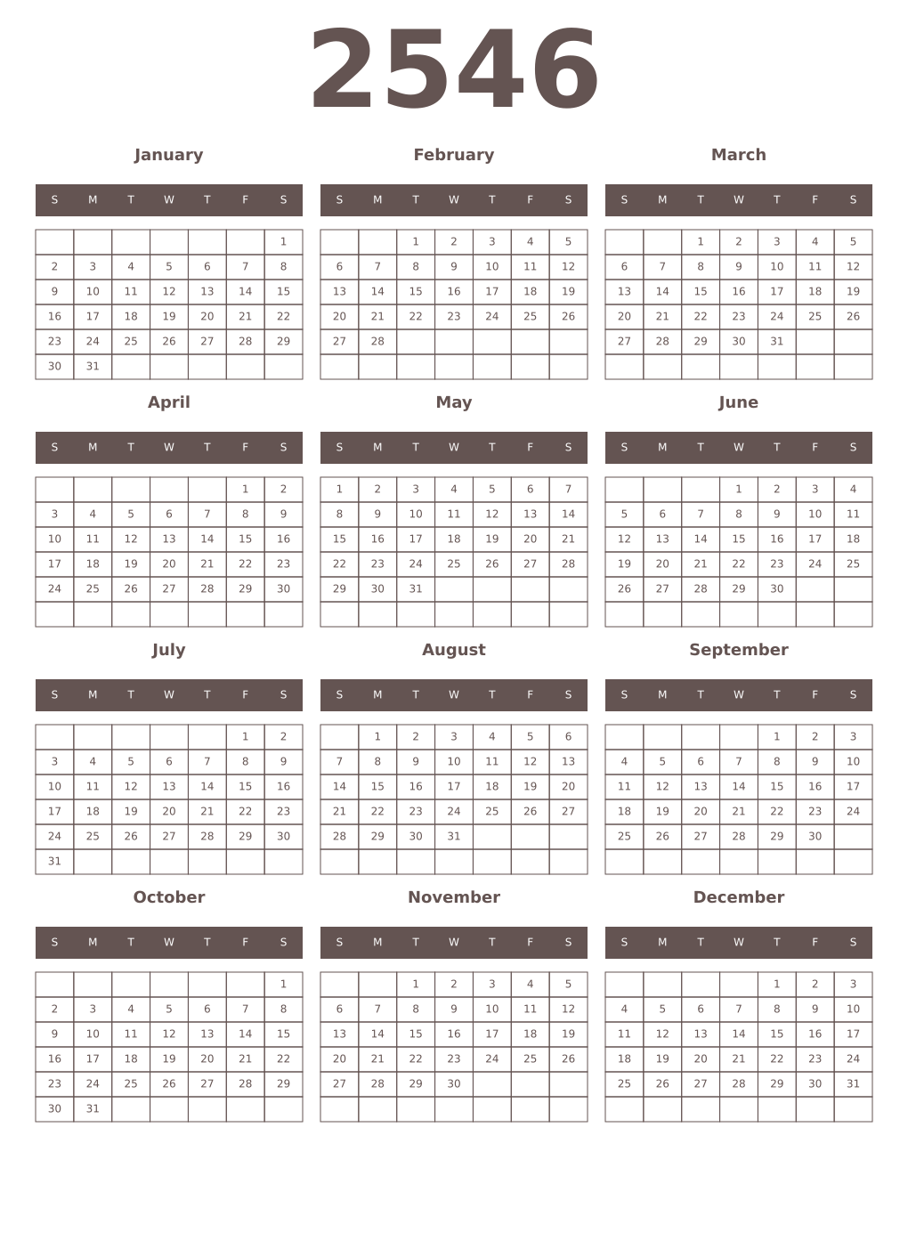 Printable 2546 Year Calendars wenge