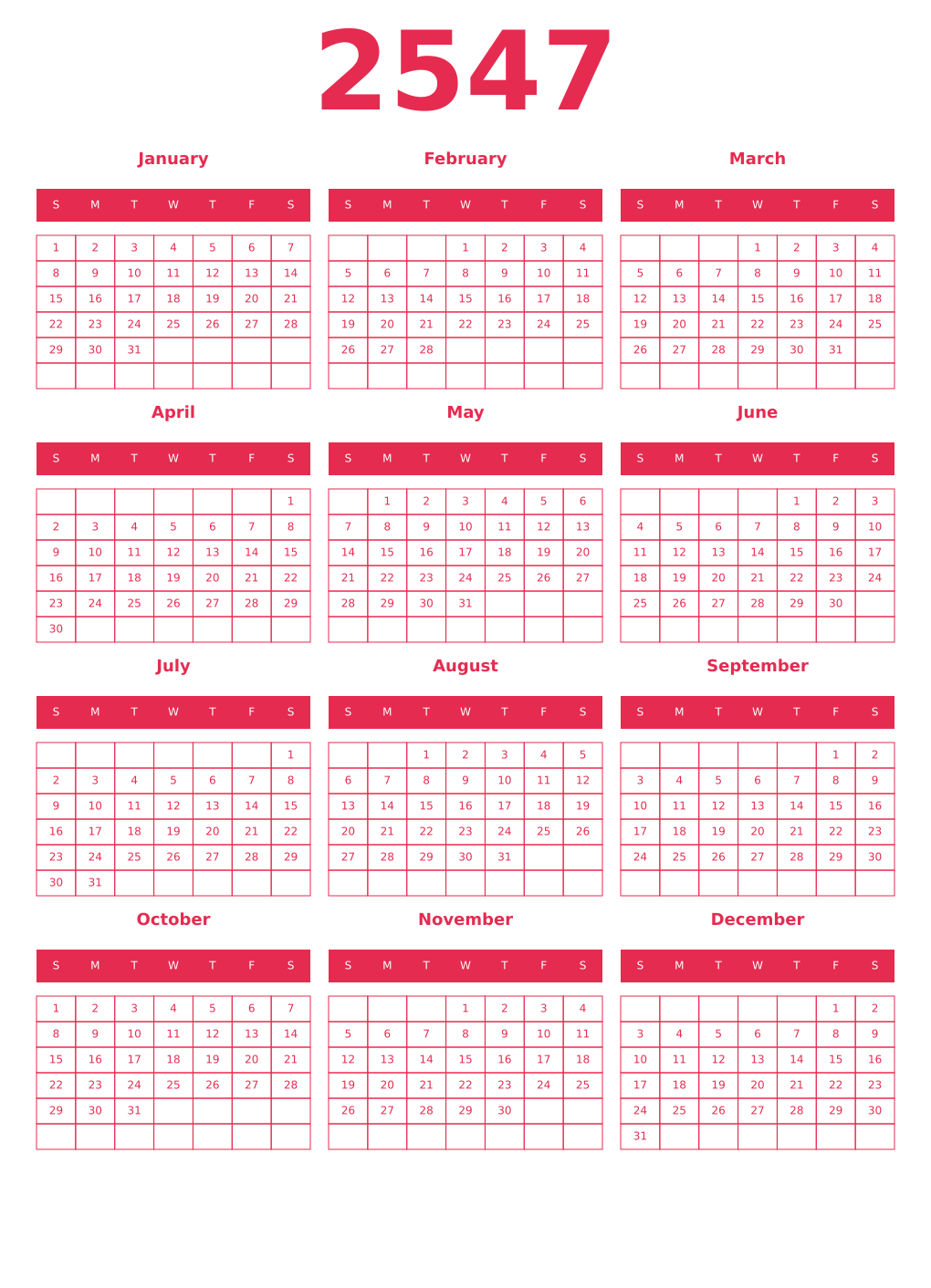 Printable 2547 Year Calendars amaranth