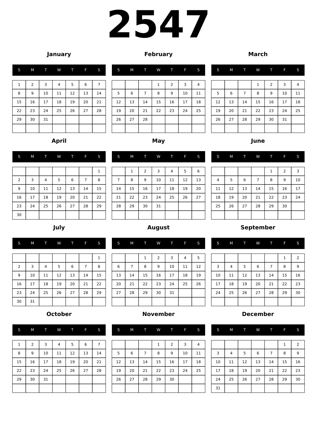 Printable 2547 Year Calendars black