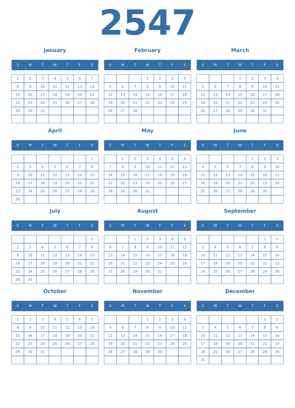 Printable 2547 Year Calendars blue