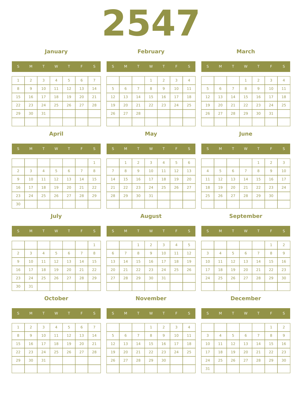 Printable 2547 Year Calendars eburnean