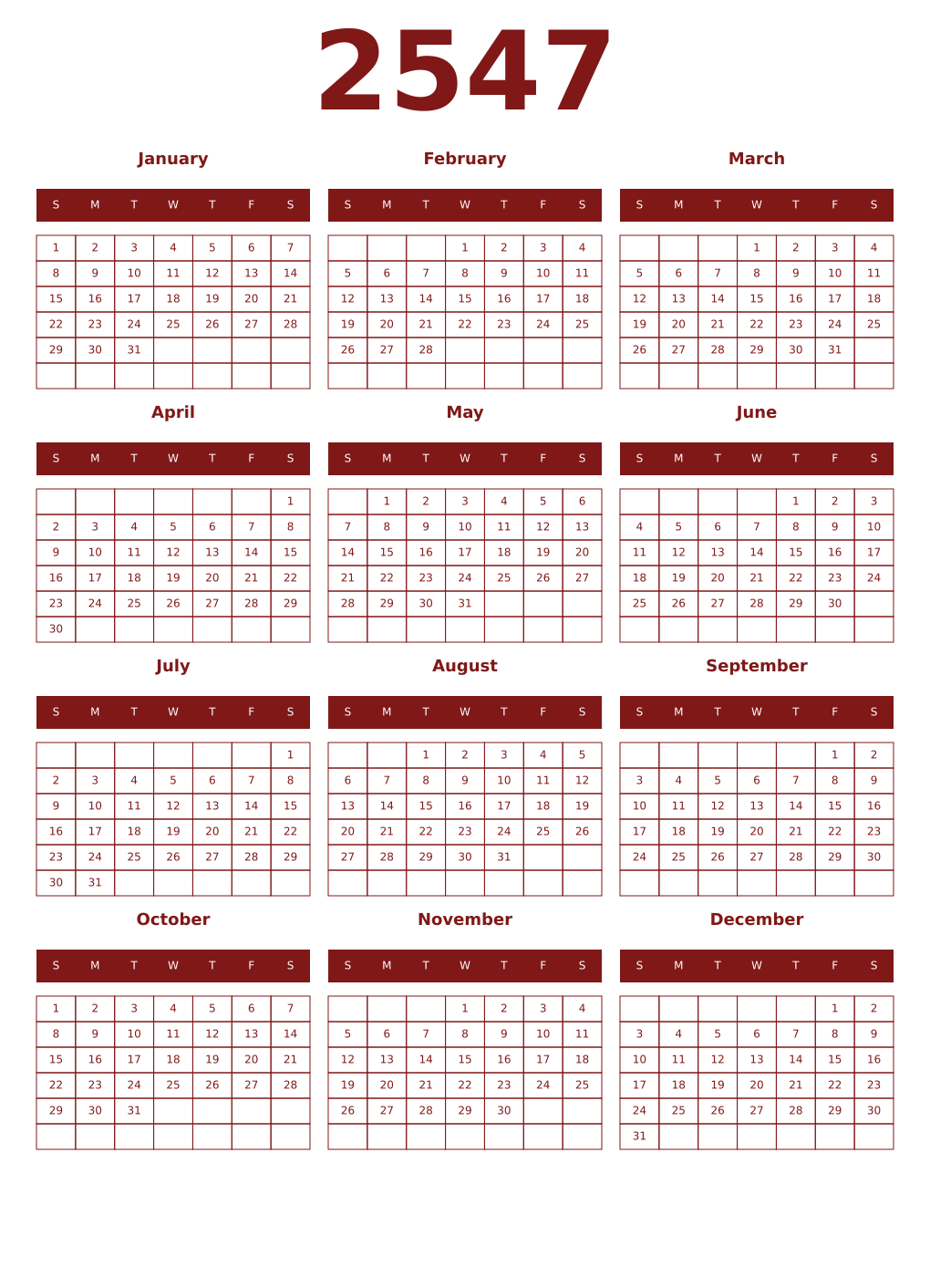 Printable 2547 Year Calendars falu