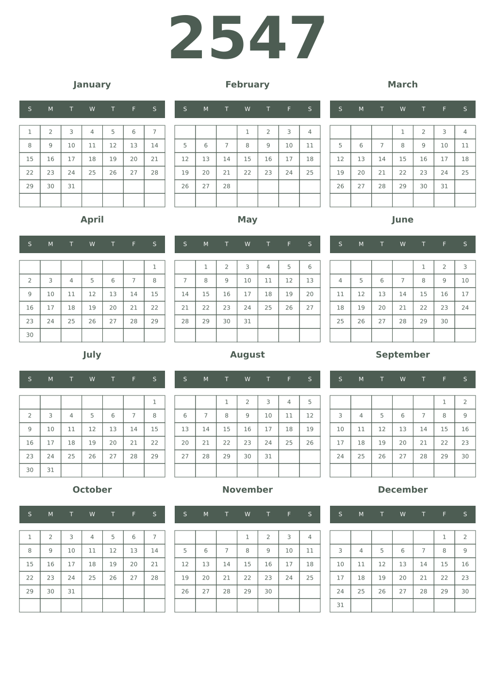 Printable 2547 Year Calendars feldgrau